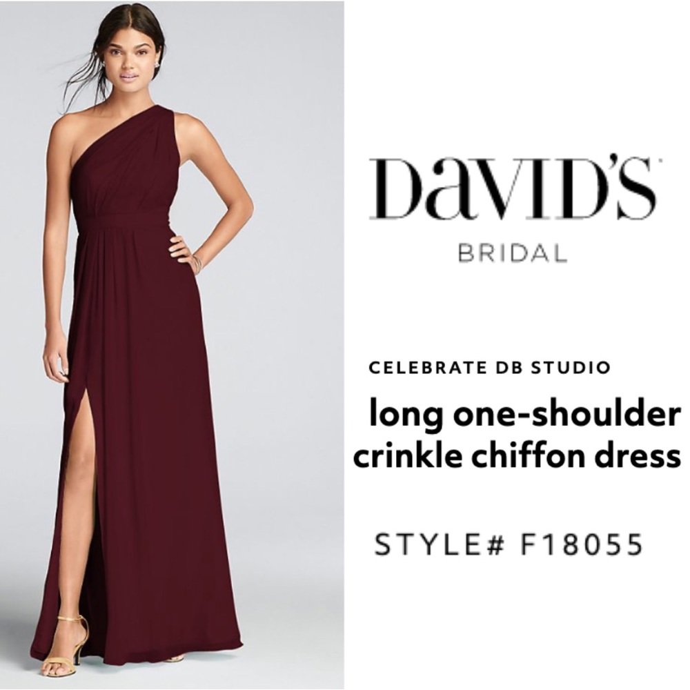David’s Bridal long one-shoulder crinkle chiffon dress Size 4, NWT style# F18055
